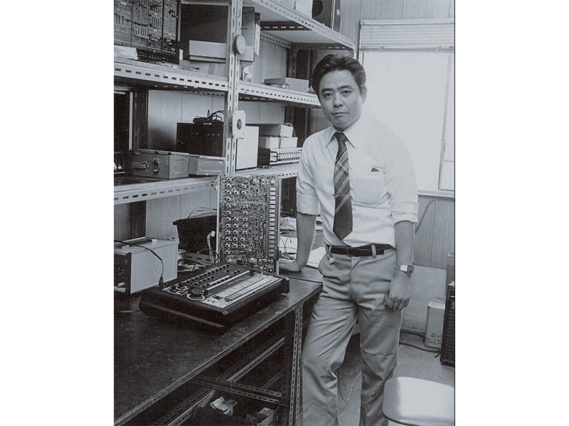 Tadao Kikumoto, with an early prototype of the legendary TR-808 drum machine.