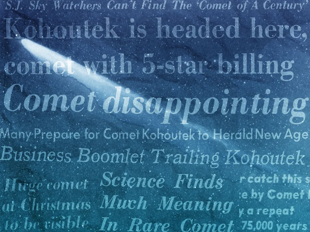 Illustration of newspaper headlines overlaid on a photograph of the Comet Kohoutek
