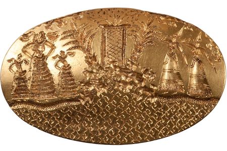 Gold signet ring showing five elaborately dressed female figures gathered by a seaside shrine