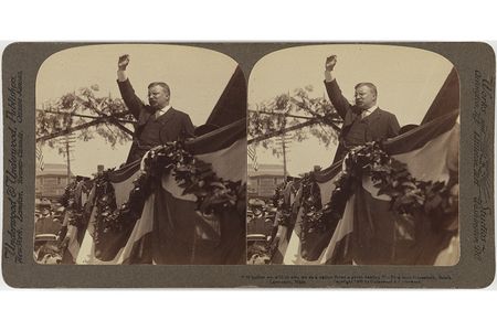 Gelatin silver print of  Theodore Roosevelt.
Dimensions: Mount: 9 × 17.9 cm (3 9/16 × 7 1/16")