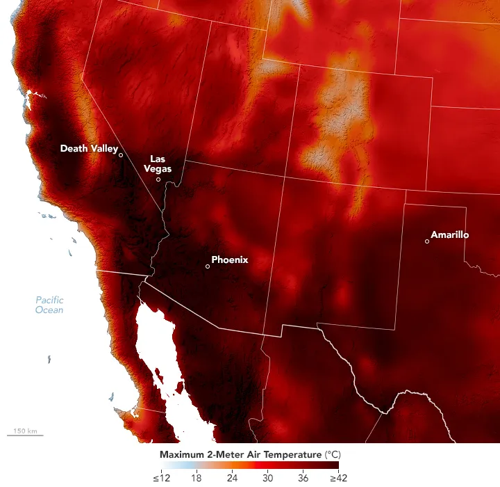 Summer heat waves in the U.S. Southwest in early June; the darkest reds indicate temperatures exceeding 108 degrees Fahrenheit roughly 6.5 feet above the ground.