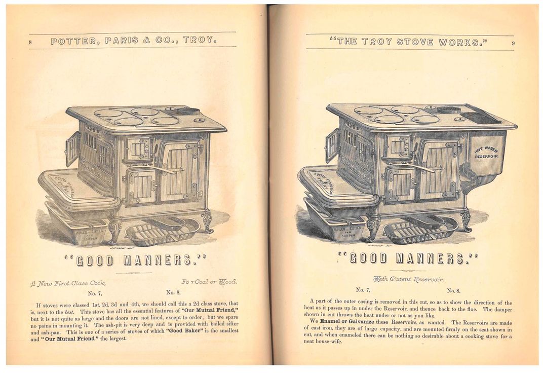 Two pages from trade catalog with coal and wood stoves