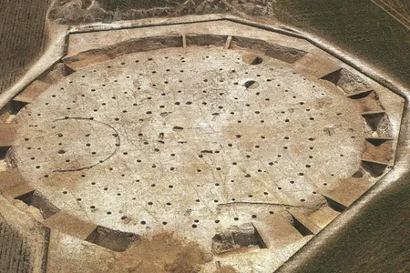 An aerial view of the Mount Pleasant henge, as seen during excavations in the early 1970s