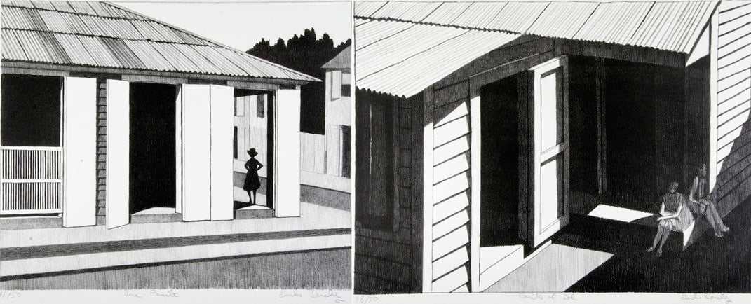 Two black and white lithographs by Emilio Sanchez. On the left a woman insde the doorway of a house standing in a shadow. On the right, two women sitting on a porch. 