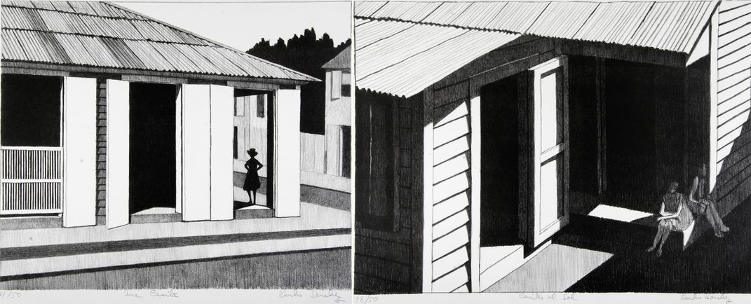 Two black and white lithographs by Emilio Sanchez. On the left a woman insde the doorway of a house standing in a shadow. On the right, two women sitting on a porch. 