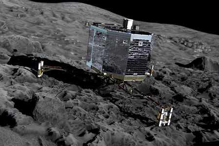 Artist's view of the Philae lander anchored to comet 67P/Churyumov-Gerasimenko.