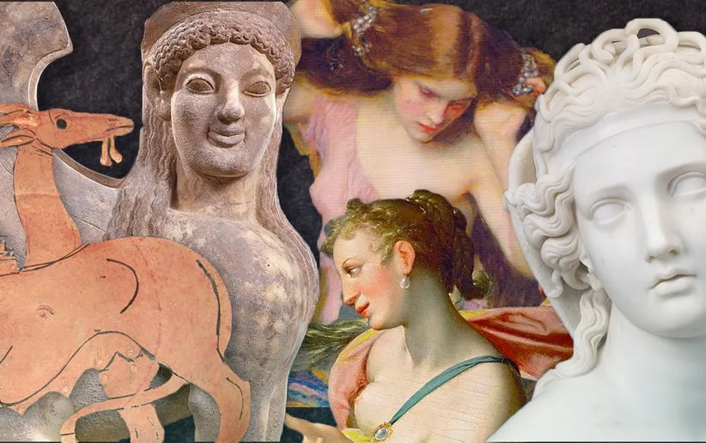 Illustration of five female monsters from Greek mythology (social)