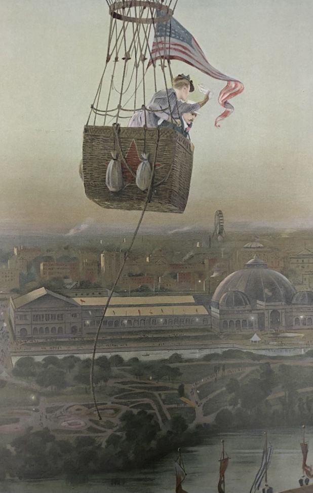 Book illustration of two people in hot air balloon above the World's Fair.