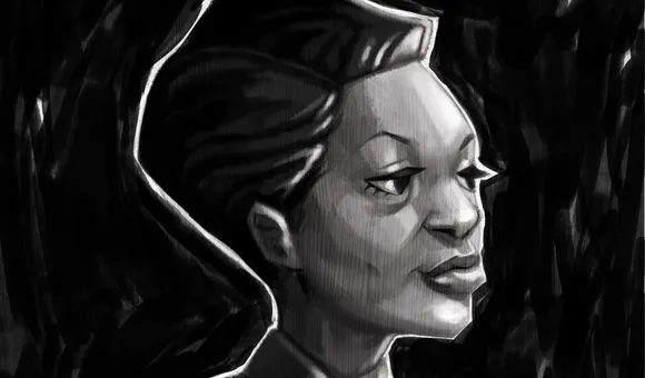 An illustrated portrait of the artist Augusta Savage in black and white