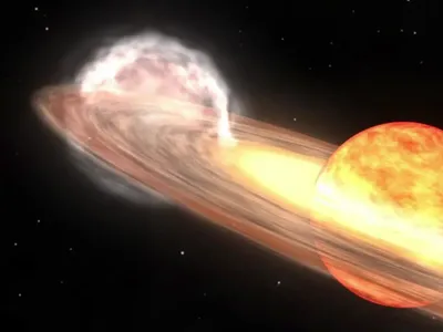An illustration of a nova similar to T Coronae Borealis shows a binary system of a white dwarf and a red giant orbiting each other.