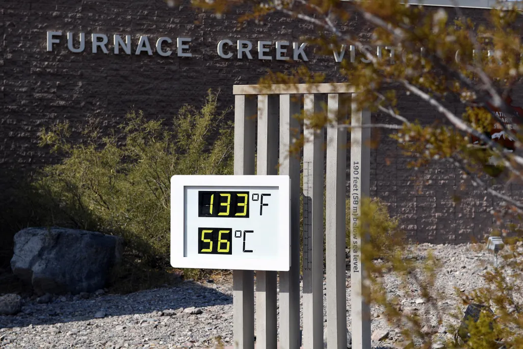 An unofficial thermometer reads 133 degrees Fahrenheit at Furnace Creek Visitor Center on July 11, 2021 in Death Valley National Park, California. 