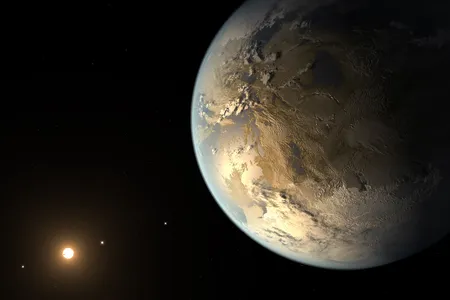 This artist’s concept depicts Kepler-186f, the first validated Earth-sized planet to orbit a distant star in a habitable zone.