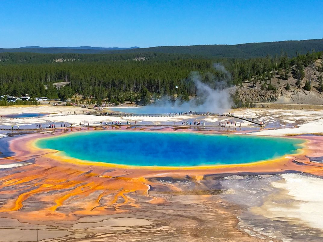 An aerial view of the Grand Prismatic Spring Geyser at Yellowstone National...