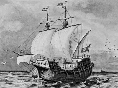 An illustration of a Spanish galleon at the time when European travelers searched for treasure across the seas.