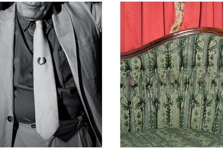 Left, local actor Keith Scales portrays Norman Baker in a one-man show at the Crescent Hotel and is an encyclopedia of information about Baker’s time in Eureka. Right, detail of a couch and drapes in the Governor’s Suite, formerly Baker’s office, at the hotel.