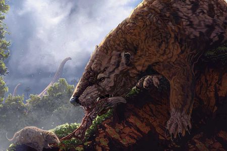 The ancient mammal Gobioconodon (right) squabbles with a therian mammal over a meal in the Late Cretaceous.