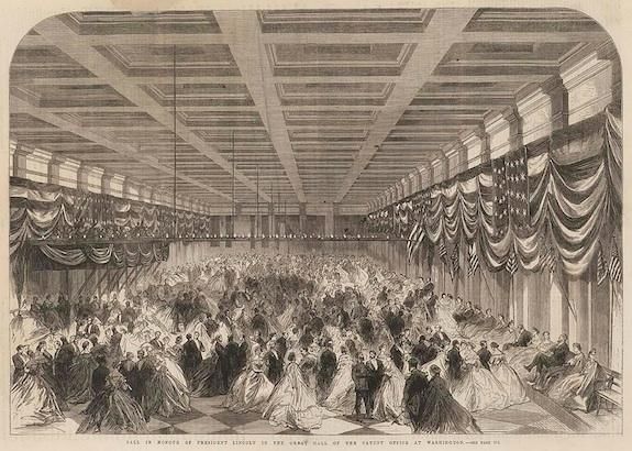 An 1865 engraving of Lincoln’s second inaugural ball held at the Patent Office.