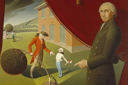 Parson Weems’ Fable by Grant Wood, depicting Parson Weems and his famous story of George Washington and the cherry tree.