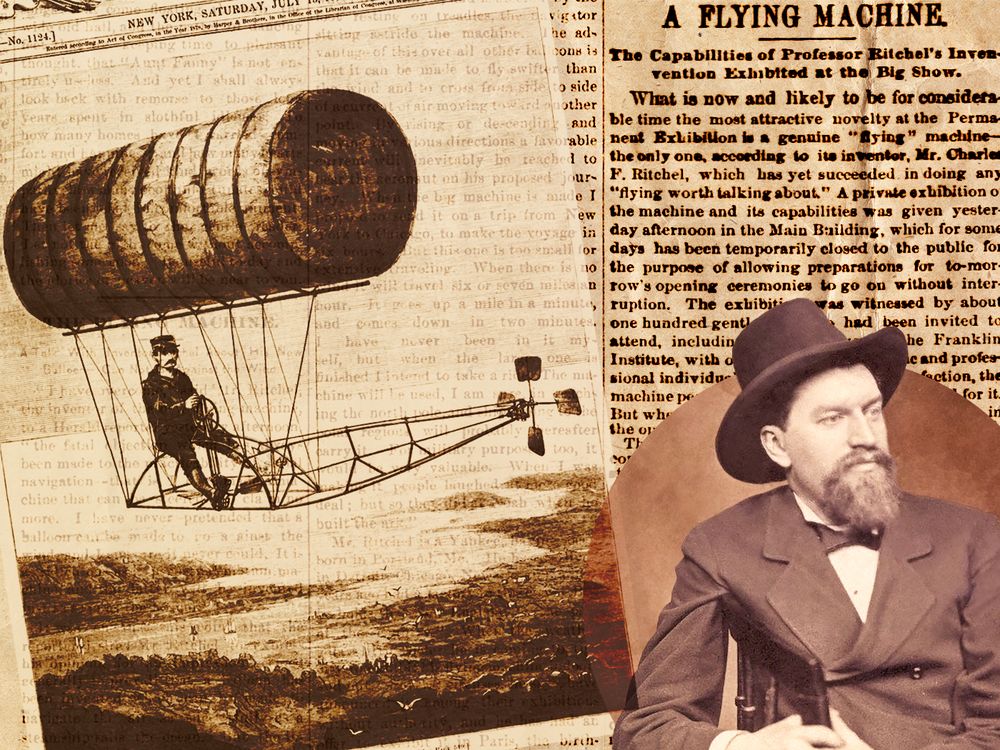 An illustration of Charles F. Ritchel, his flying machine and newspaper articles about his exploits