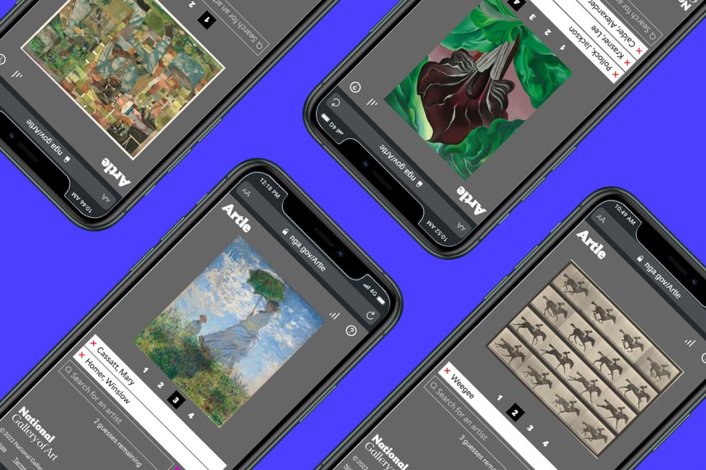 Multiple phones with images of artworks and text
