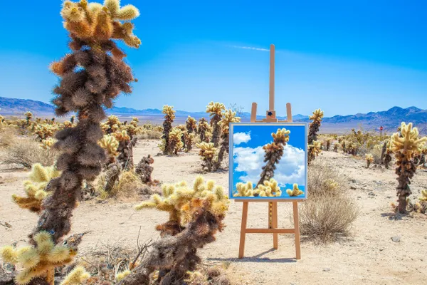 A Mirror Framed Like a Canvas Stands on an Easel in the Middle of a Desert Filled With Cholla Cacti thumbnail