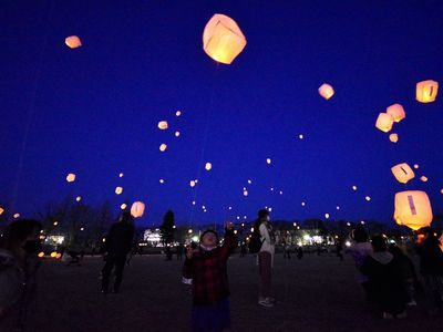On March 11, 2021, lanterns are released in remembrance of earthquake and tsunami victims in Koriyama, Fukushima prefecture.