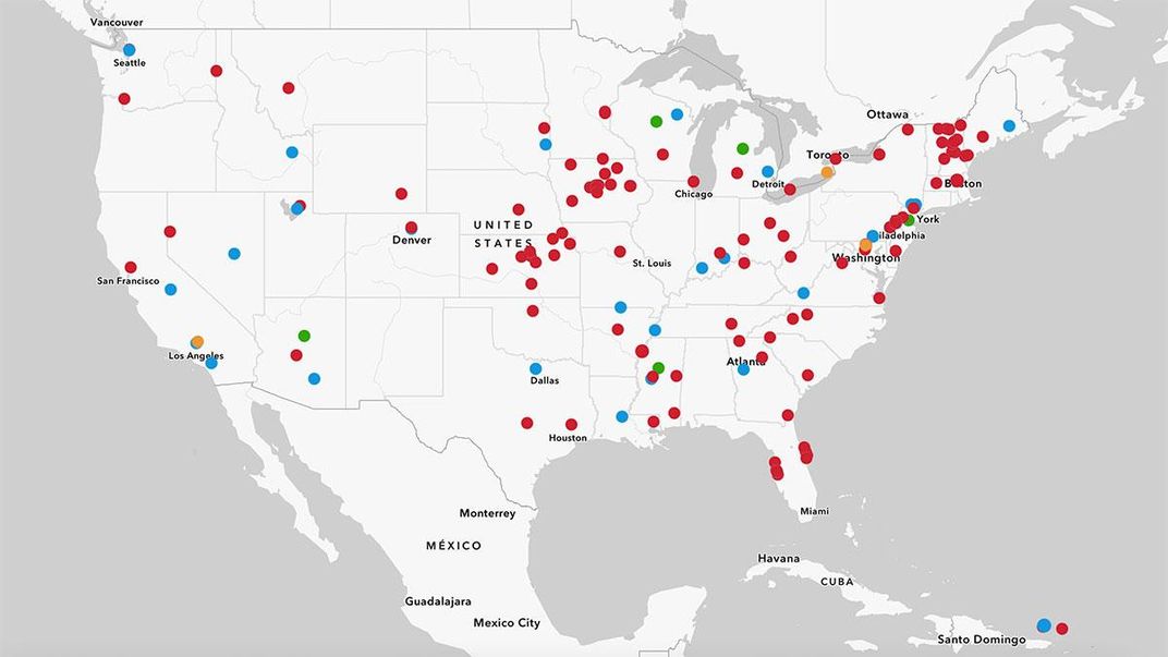 Map of the continental United States with dozens of pinpoints in red, blue, green, and orange.