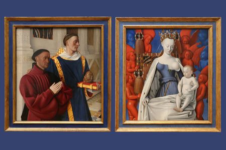 Jean Fouquet&#39;s Melun Diptych features two panels, &Eacute;tienne Chevalier with Saint Stephen on the left, and Virgin and Child Surrounded by Angels on the right.