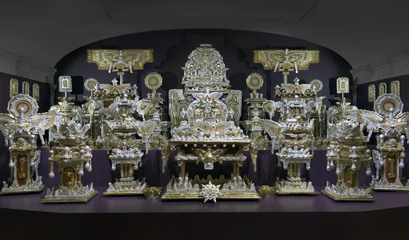 Large-scale installation, "The Throne of the Third Heaven," made of many silver and gold component parts.