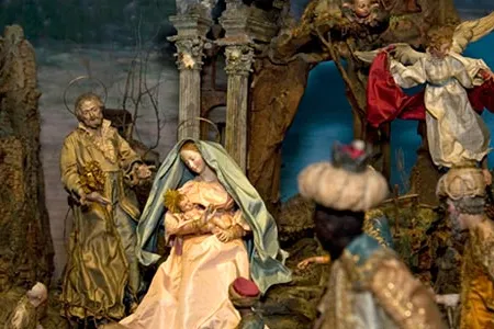 The Madonna’s dress was of the costumes most severally damaged by the poor lighting in the barn, which faded the color of her gown from pink to white. The restorer’s solution was not to discard the original dress, but instead to reverse it, so that the gown’s back is now its front.