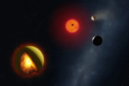 Illustration of L98-59d (lower left) orbiting its host star, a red dwarf