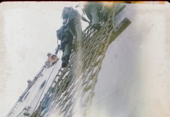 Climbing down rope ladders