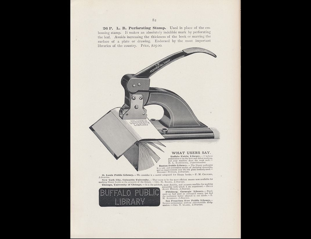 Illustration of black perforating stamp punching a library's name onto a paper booklet.