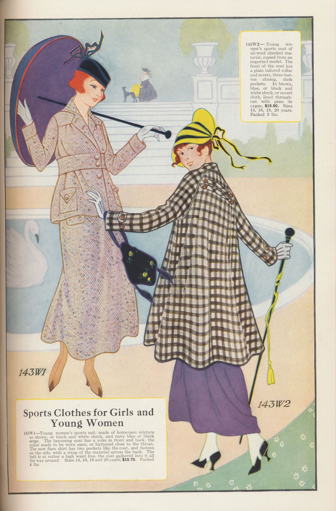 Illustration of two women in coats from early 20th century trade catalog.