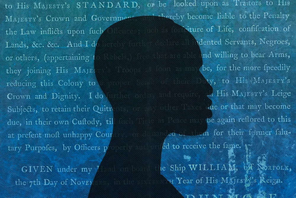Black man's silhouette in front of Lord Dunmore's Proclamation