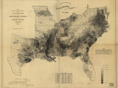 The U.S. Coast Survey map calculated the number of slaves in each county in the United States in 1860.