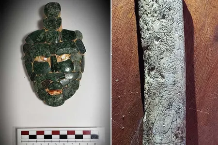 A 1,700-year-old mosaic jade mask and a carved femur bone found inside an ancient Maya tomb at Chochkitam, Guatemala