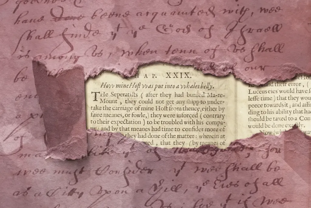 A GIF of a paper with "a church upon a hill" speech unfurling over a page from Thomas Morton's "New Canaan English"