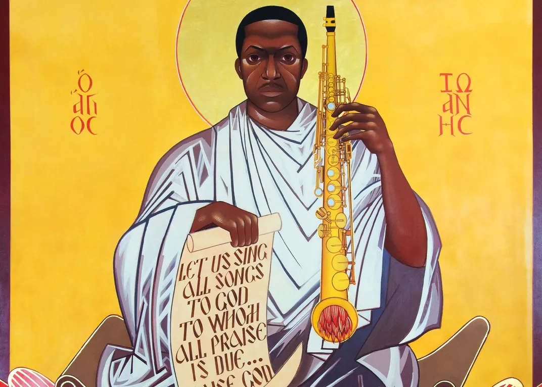 painting of John Coltrane in a white robe holding scripture and a saxophone