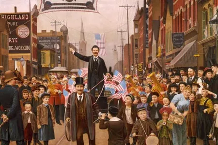 Parade with banner showing head and shoulder portraits of Grover Cleveland, Adlai E. Stevenson and Gov. John Peter Altgeld.