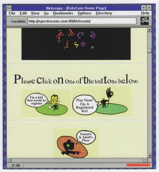 The KidsCom home page displayed in Netscape for Windows (1995)