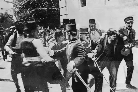 Soldiers arrest Gavrilo Prinzip, assassin of the Archduke Franz Ferdinand in Sarajevo.