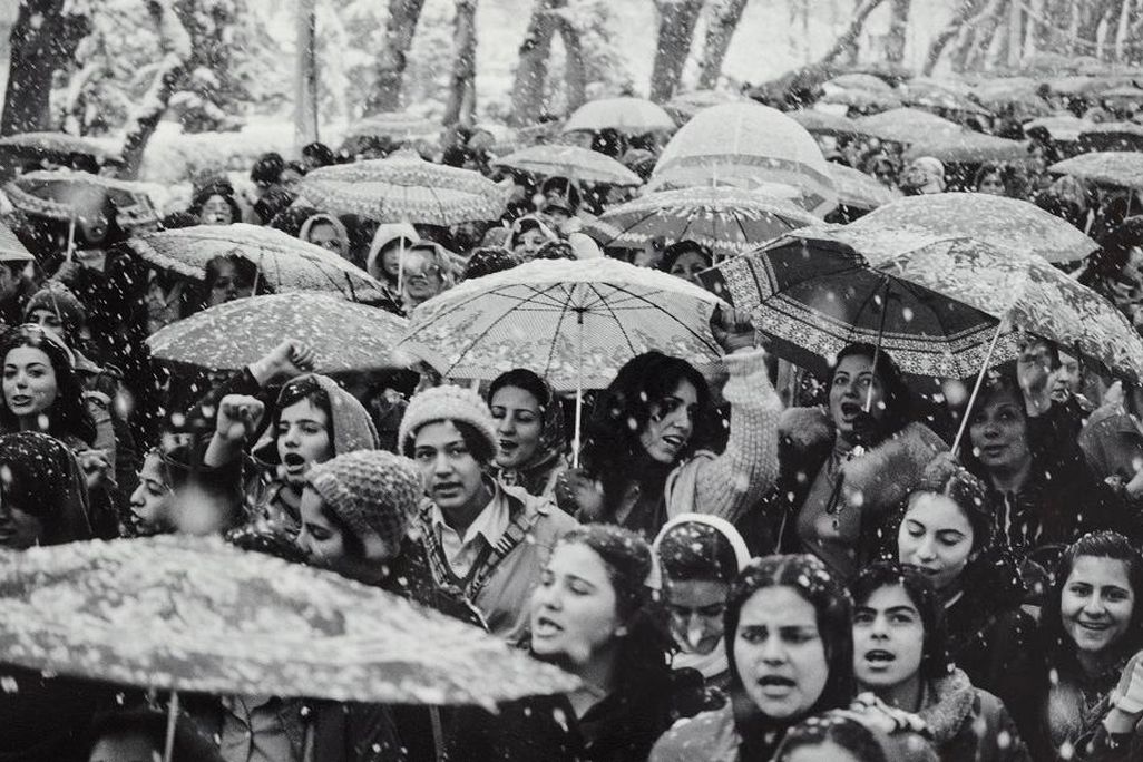 Protestors under umbrellas in the snow