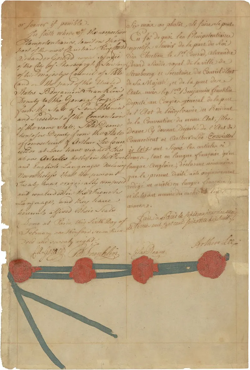 Franklin's signature is visible at the bottom of this page from the 1778 Treaty of Alliance.