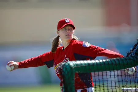Justine Siegal pitching for the Cardinals during batting practice in 2011