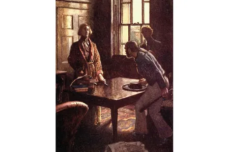 This illustration from The Murders in the Rue Morgue portrays Dupin, the first literary 'genius detective,' questioning a suspect.