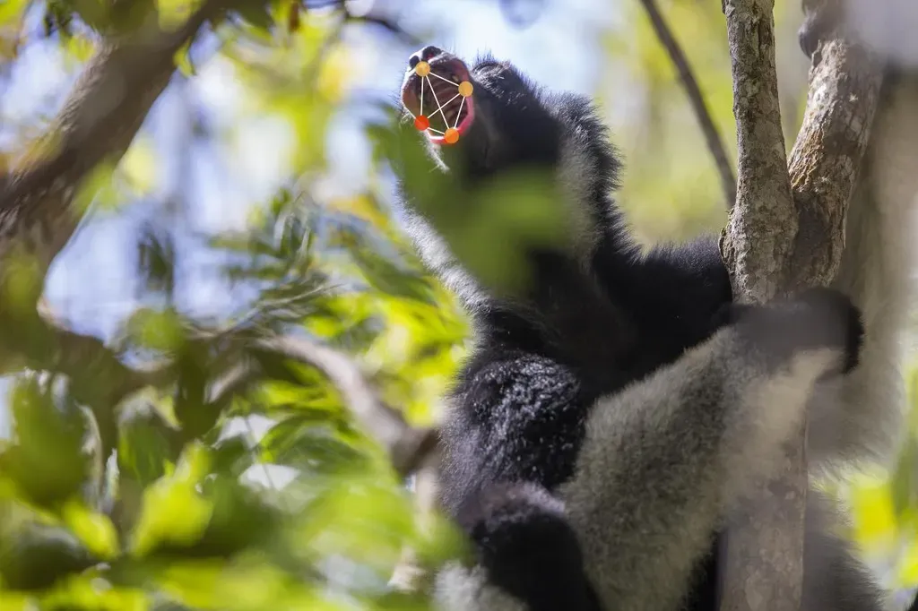 An animal in a tree with its mouth open with lines across its mouth