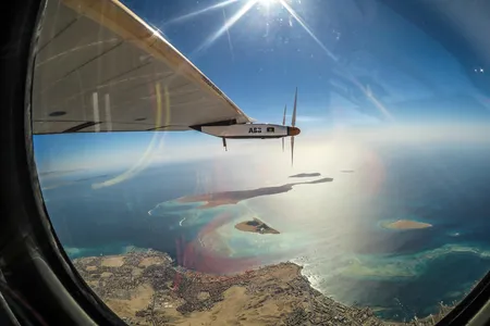 View from the cockpit of Solar Impulse 2 as the plane heads for landing in Abu Dhabi.