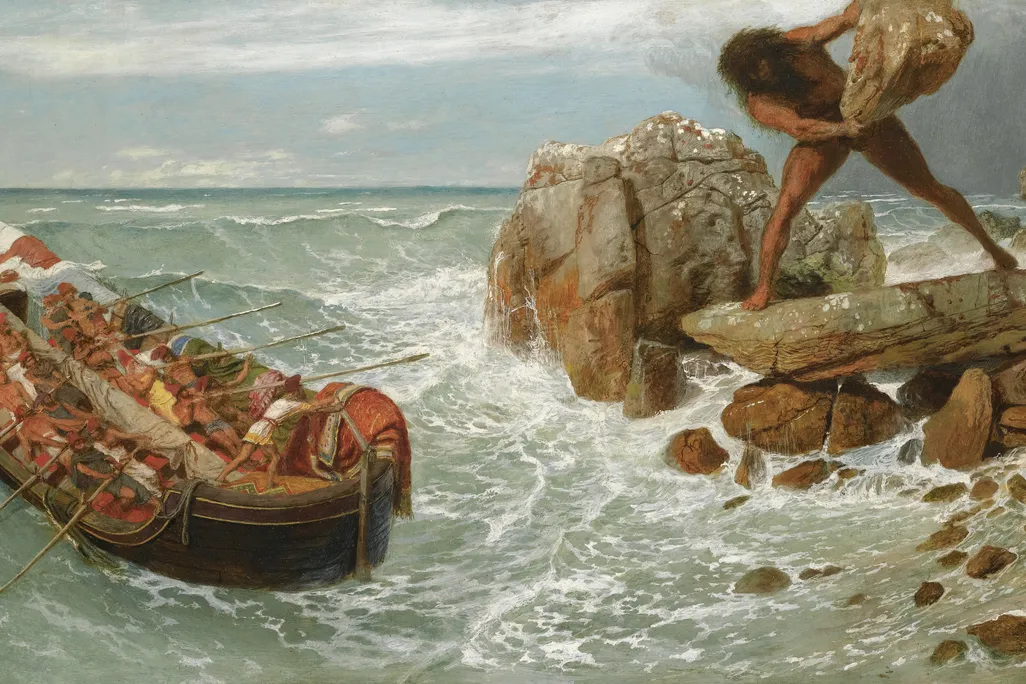 A painting of Odysseus and his men escaping by boat from the Cyclops
