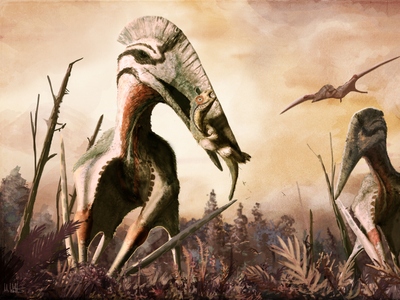 An artist's interpretation of two giant pterosaurs in the Late Cretaceous.